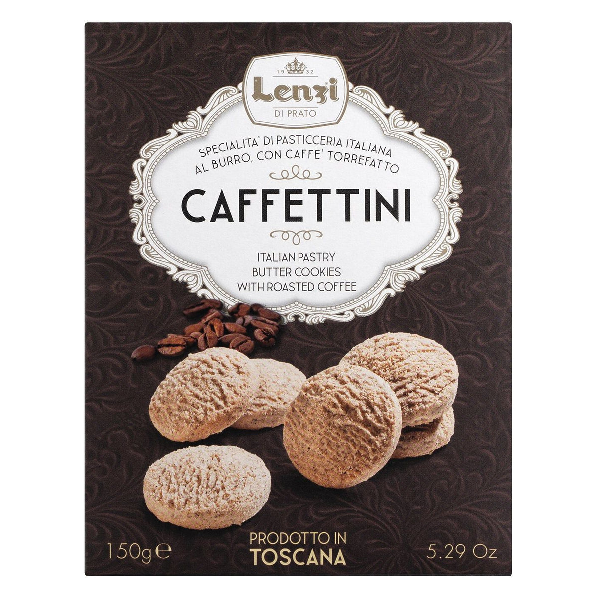 Eine 150-g-Schachtel Lenzi Caffettini - italienisches Kaffeegebäck (Pasticcini al Caffè) - mit gestapelten Keksen und Kaffeebohnen auf der Verpackung.