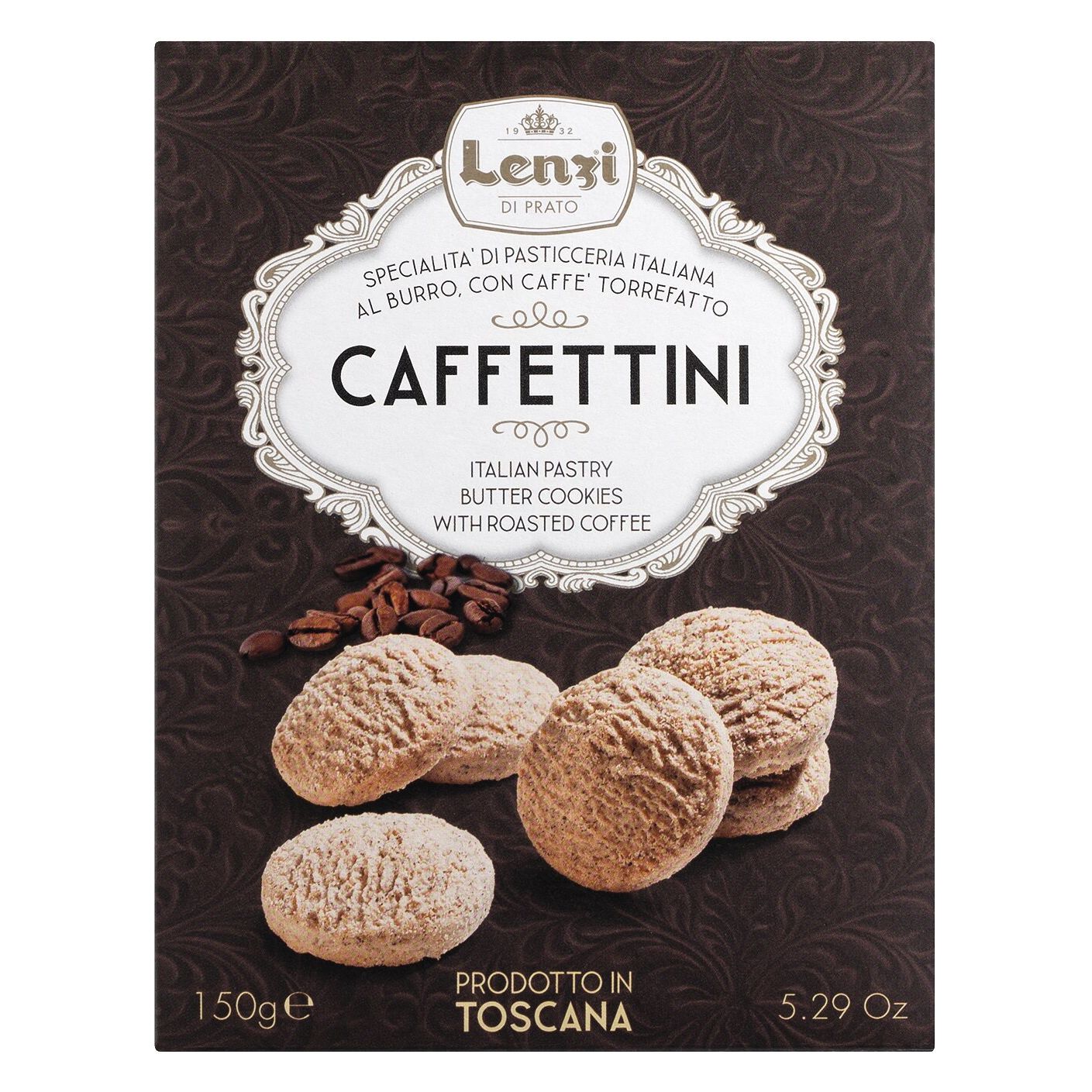 Eine 150-g-Schachtel Lenzi Caffettini - italienisches Kaffeegebäck (Pasticcini al Caffè) - mit gestapelten Keksen und Kaffeebohnen auf der Verpackung.