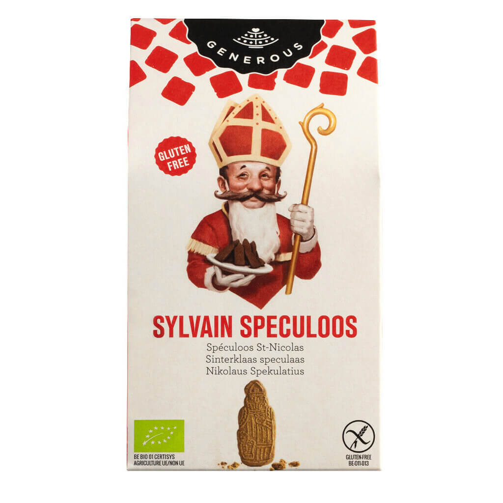 Eine 140-g-Schachtel Generous Sylvain Speculoos glutenfreies Bio-Buchweizengebäck von Generous in einer festlichen Verpackung.