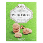 Grüne Schachtel mit Lenzi Pistacchiosi - Pasticcini con Pistacchio, 150 g, mit einem Bild von gestapelten Keksen und Pistazien auf der Vorderseite.