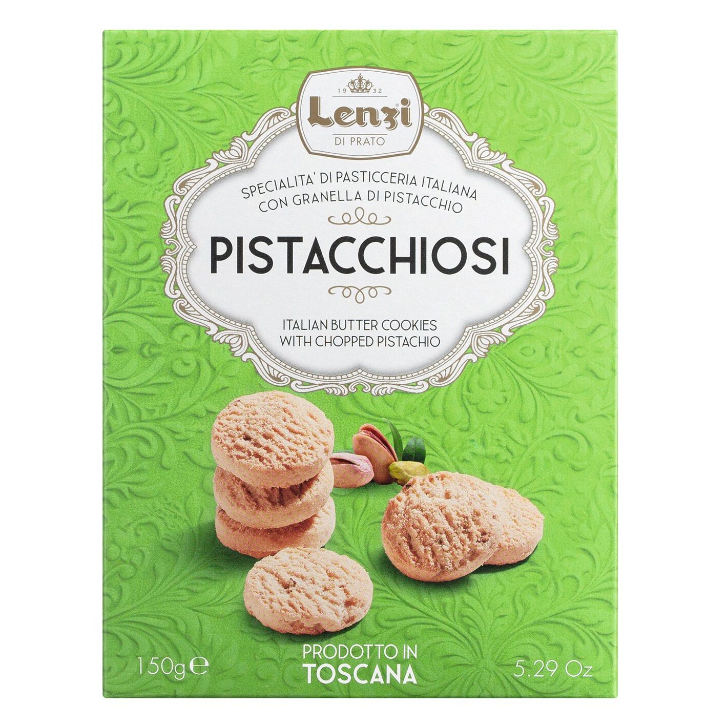 Grüne Schachtel mit Lenzi Pistacchiosi - Pasticcini con Pistacchio, 150 g, mit einem Bild von gestapelten Keksen und Pistazien auf der Vorderseite.