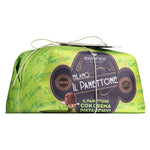 Eine grüne Schachtel Breramilano 1930 Panettone con Crema di Pistacchio, 1 kg-traditioneller italienischer Pistazienkuchen, mit Schnur umwickelt und auf Italienisch beschriftet.