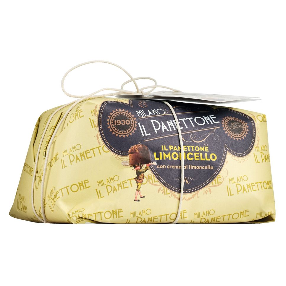 Panettone Limoncello von Breramilano 1930, 500 g, traditioneller Hefekuchen mit Limoncellocreme, gelb verpackt mit dekorativem Label und weißer Kordel.