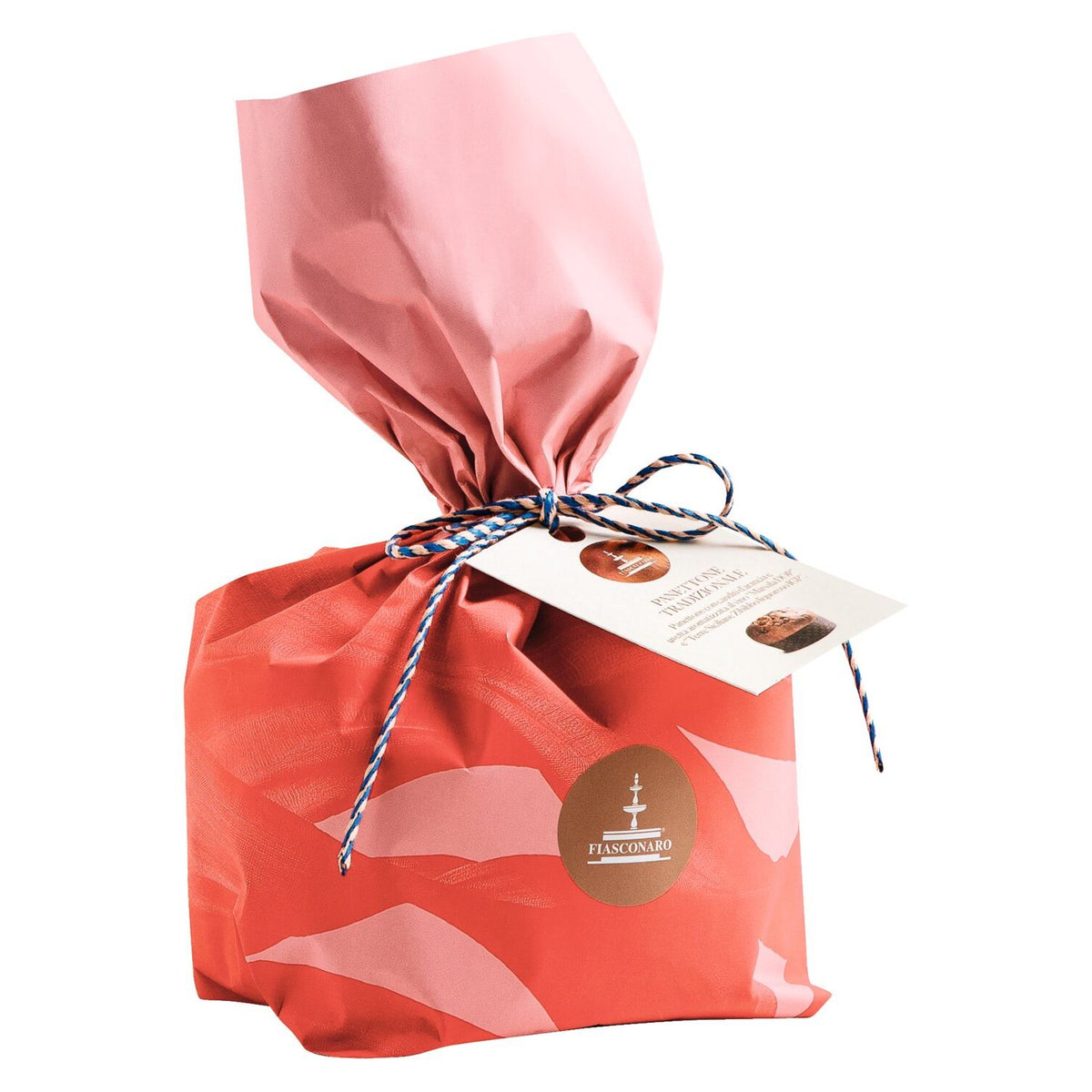 Panettone Tradizionale - Traditioneller Hefekuchen von Fiasconaro, 500 g: Italienischer Hefekuchen von Fiasconaro, verpackt in rot-rosafarbenem Papier mit Schleife und angehängtem Produktetikett.
