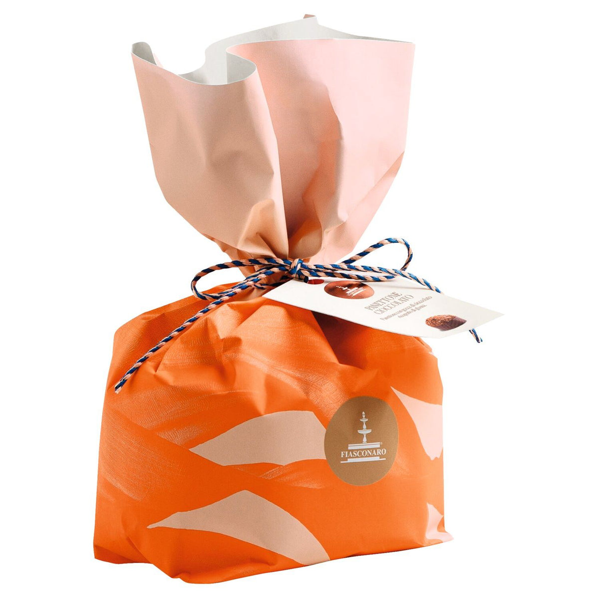 Der 500g Panettone - traditioneller Hefekuchen mit Schokolade von Fiasconaro ist in Orange verpackt, mit einer beigefarbenen Schleife und einem Anhänger versehen und zeigt auf dem Etikett die Abbildung eines Schokoladendesserts.