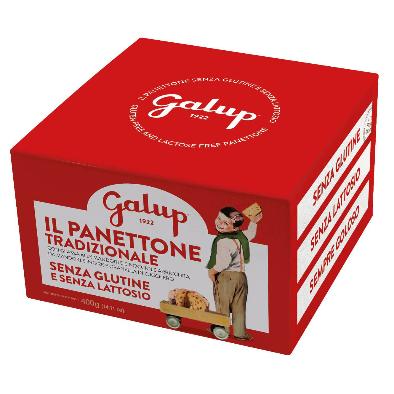 Rote Schachtel von Galup Glutenfreier Panettone Tradizionale mit kandierten Früchten & Rosinen, 400 g, gluten- und laktosefrei, mit einem Jungen, der ein Stück Kuchen hält.