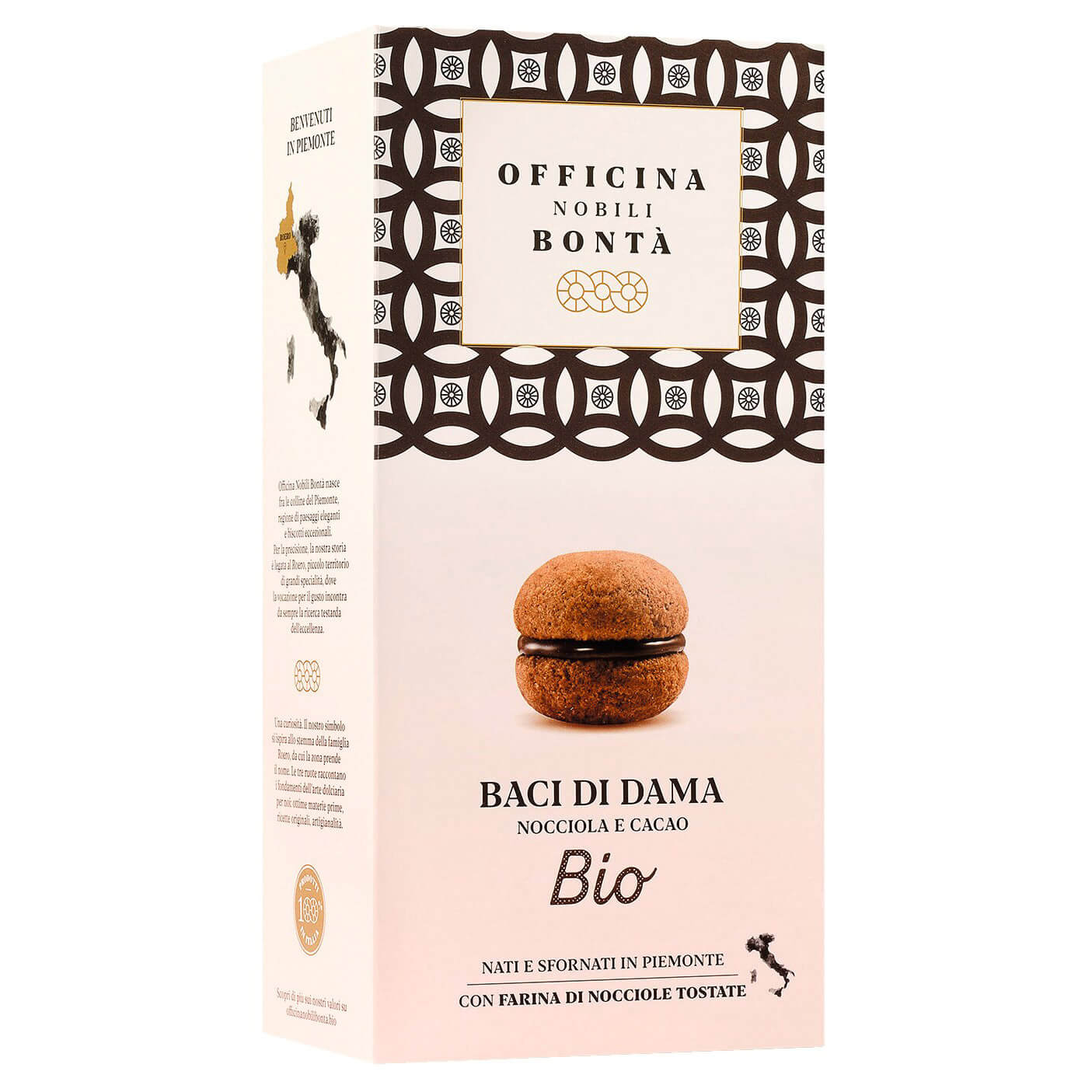Baci di Dama nocciola e cacao Haselnussgebäck mit Kakao & Schokoladenfüllung Bio von Officina Nobili Bontà, 180 g
