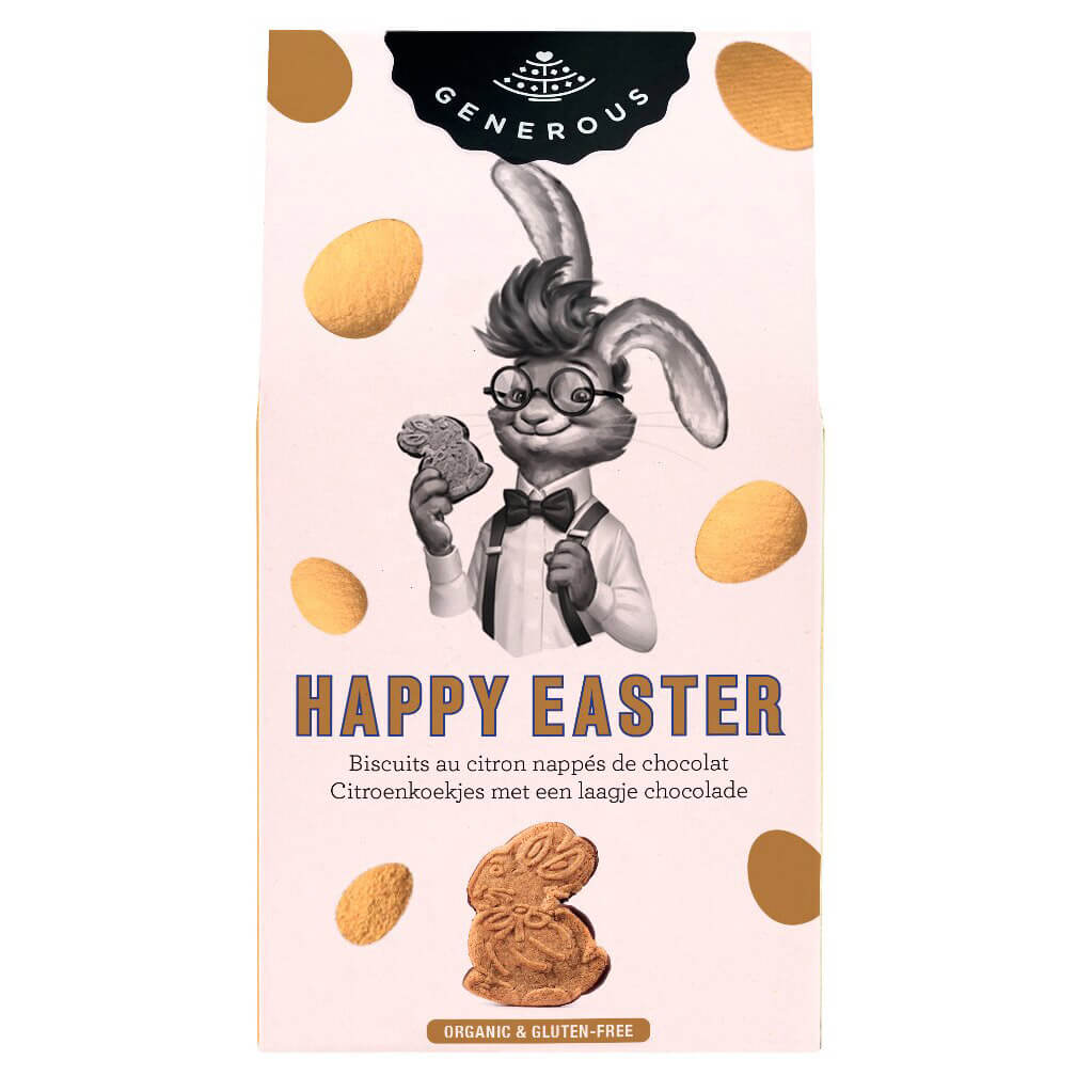 Das großzügige Happy Easter Zitronengebäck mit Schokolade (glutenfrei, Bio, 100 g) in einer festlichen Schachtel zeigt einen Cartoon-Hasen mit Brille und Anzug, der einen mit Schokolade überzogenen Keks hält.