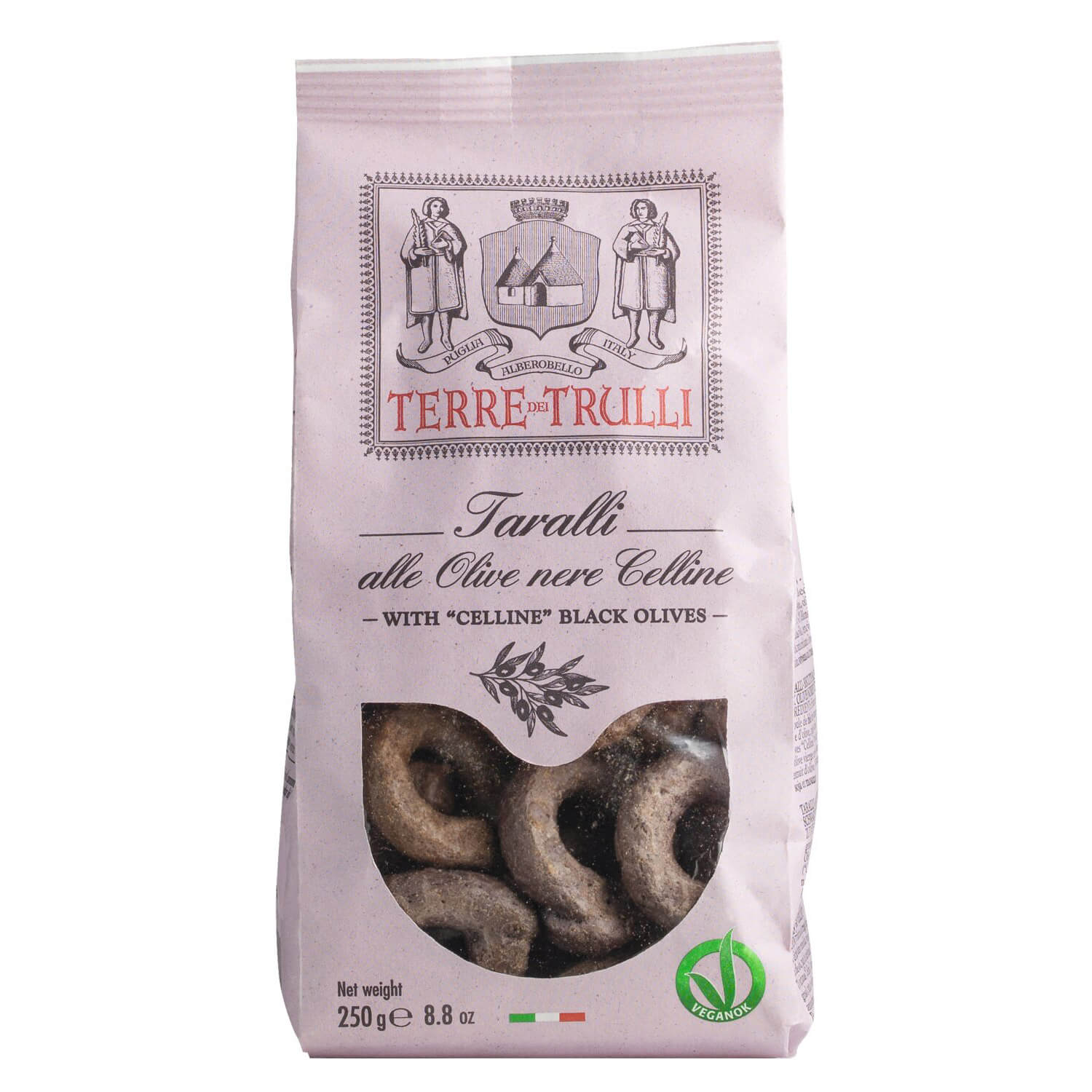 Taralli alle Olive nere Celline, Salzgebäck mit schwarzen Celline-Oliven von Terre dei Trulli, 250 g