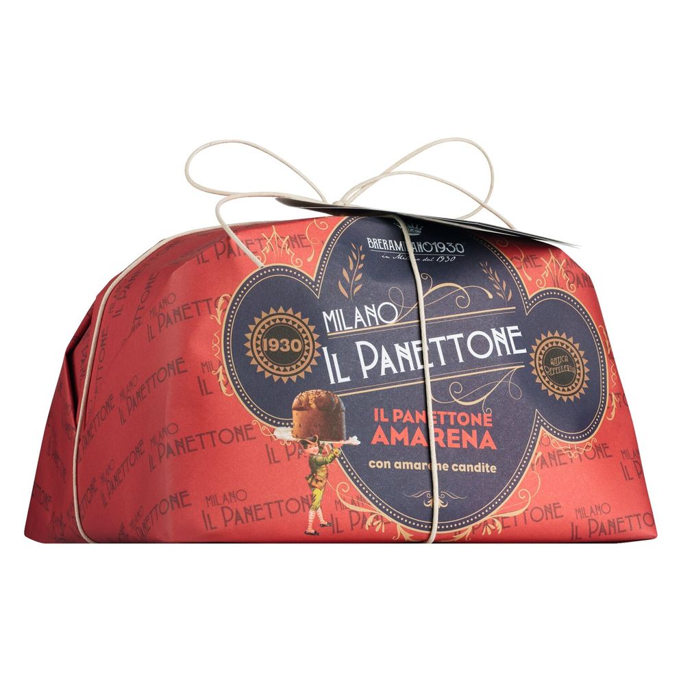 Ein rot verpackter 1 kg Panettone Traditioneller Hefekuchen mit Amarenakirschen von Breramilano 1930.