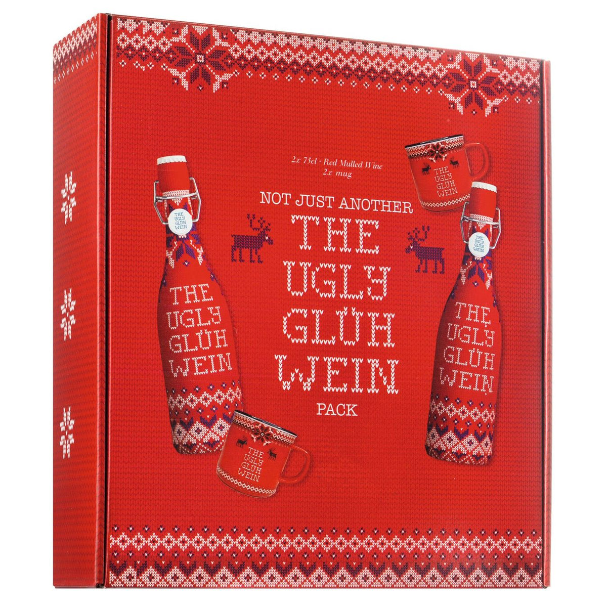 Geschenkbox "The Ugly Glühwein" von Barcelona Brands: rote Box mit zwei Bechern und zwei Flaschen rotem Glühwein, festlichen Pullovermustern und dem Text "The Ugly Glühwein Pack" auf der Vorderseite.