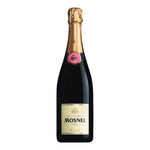 Eine 0,75-Liter-Flasche Mosnel Franciacorta Brut Rosé Schaumwein mit Goldfolienverschluss und cremefarbenem Etikett.