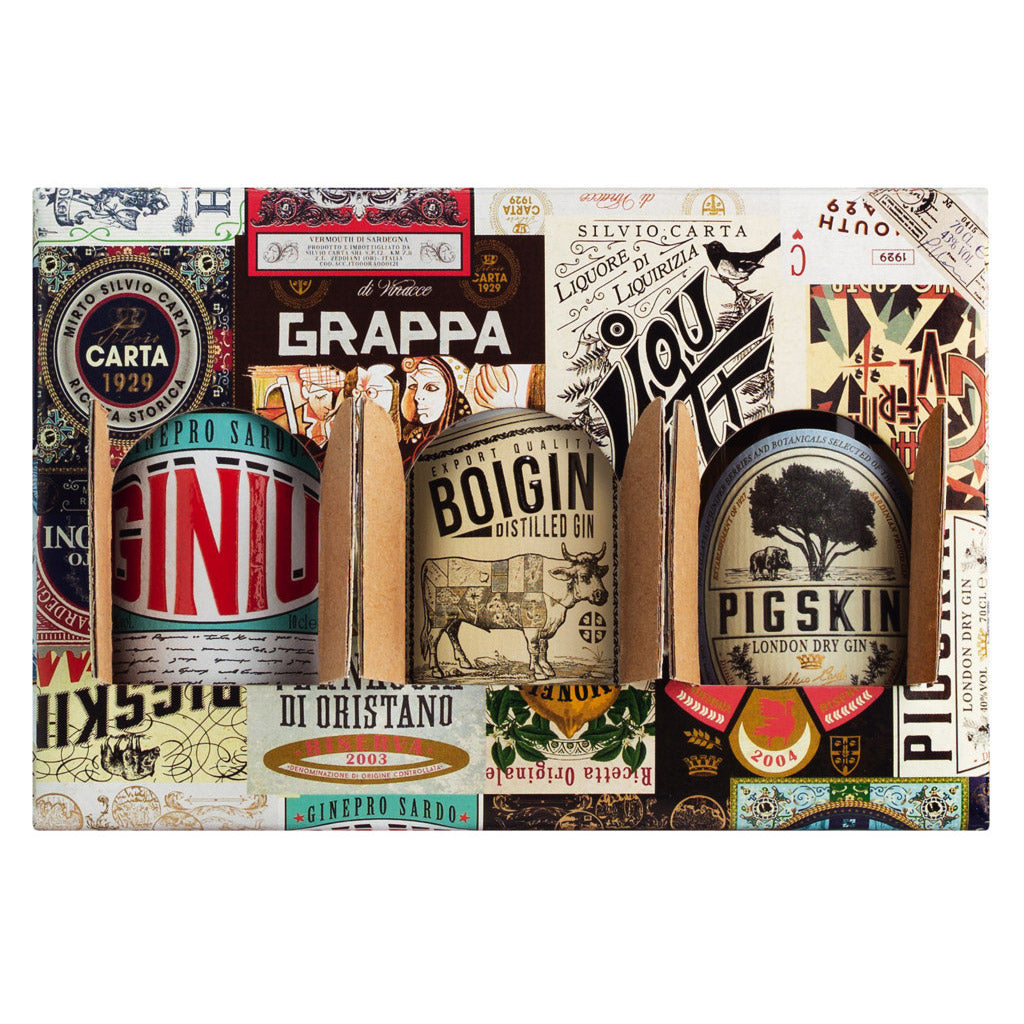 Silvio Carta Gin 3er Set: Drei 0,1l Flaschen (Pigskin, Giniu, Boigin) im Geschenkkarton mit buntem Label-Design von Silvio Carta.
