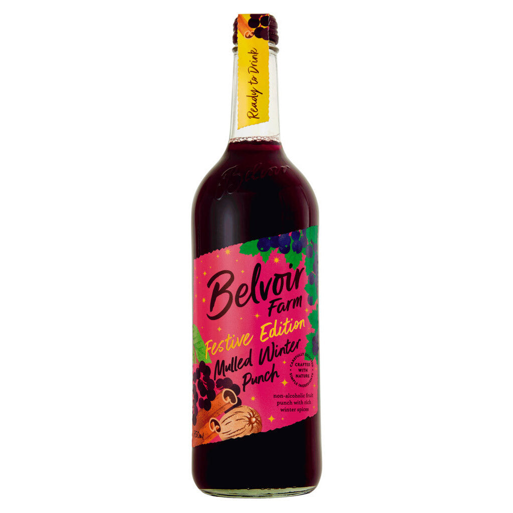 Eine 0,75 l Flasche Belvoir Mulled Winterpunsch alkoholfrei mit einem bunten Etikett.