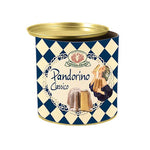 Runde blau-weiße Dose mit der Aufschrift "Pandorino - Kleiner Kuchen von Rustichella, 80 g" von Rustichella d'Abruzzo S.p.A., auf der ein in Scheiben geschnittener Pandoro-Kuchen abgebildet ist.