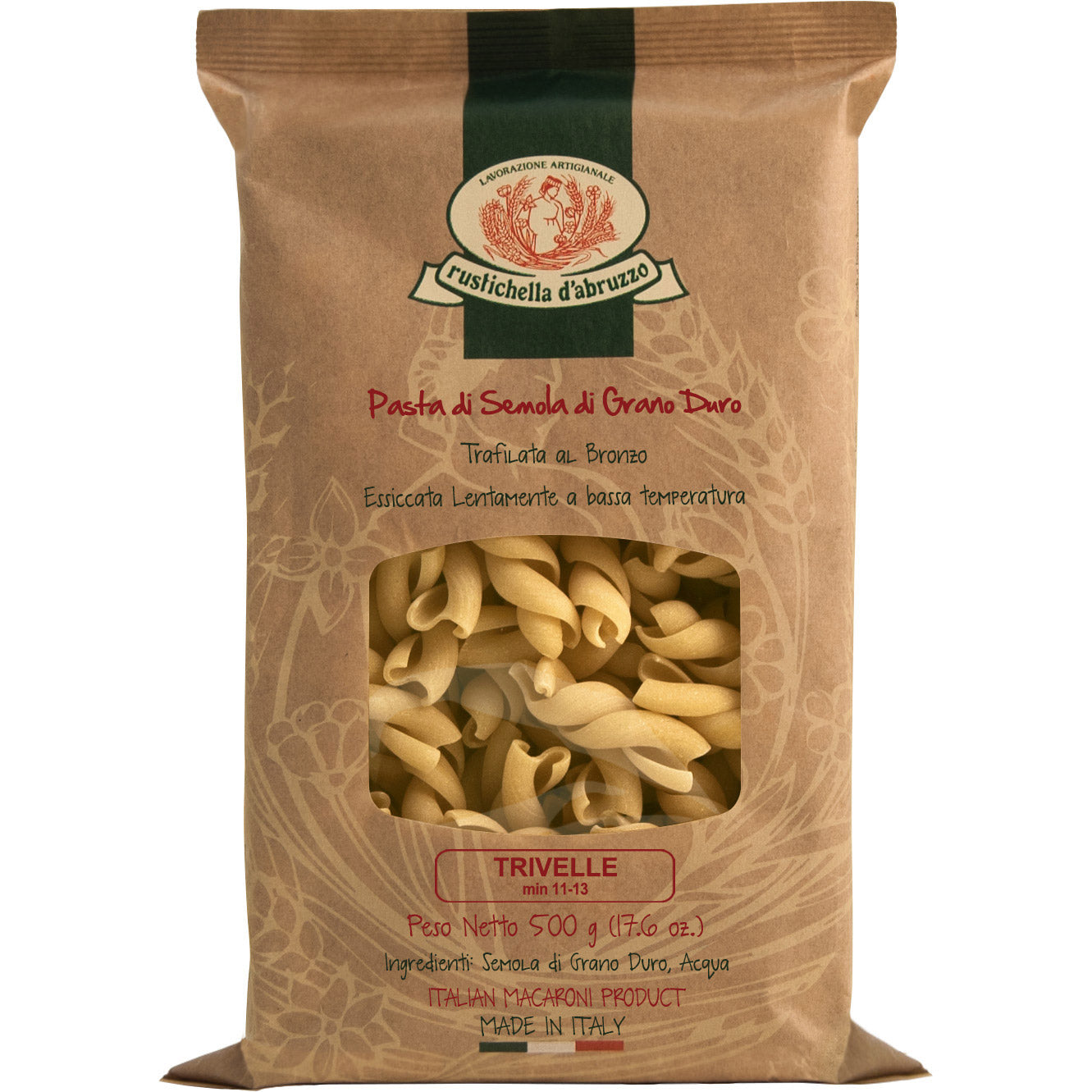 Eine braune Tüte Trivelle Hartweizennudeln von Rustichella d'Abruzzo S.p.A., 500 g, zeigt durch ein Fenster spiralförmige Nudeln.
