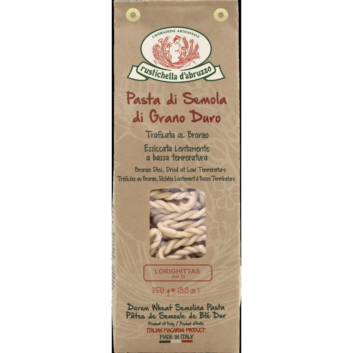 Die braune Schachtel mit Rustichella d'Abruzzo Lorighittas handgemachten Hartweizennudeln (250 g) hat ein durchsichtiges Fenster, in dem die gedrehten Nudeln zu sehen sind.