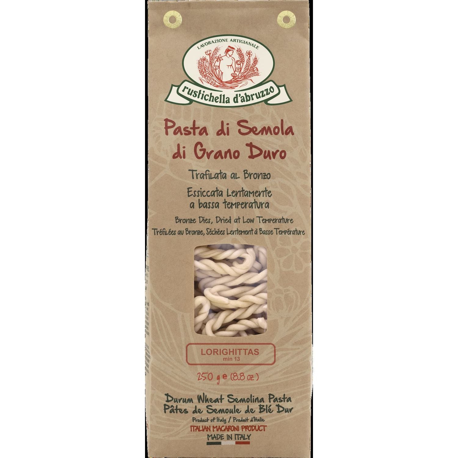 Die braune Schachtel mit Rustichella d'Abruzzo Lorighittas handgemachten Hartweizennudeln (250 g) hat ein durchsichtiges Fenster, in dem die gedrehten Nudeln zu sehen sind.
