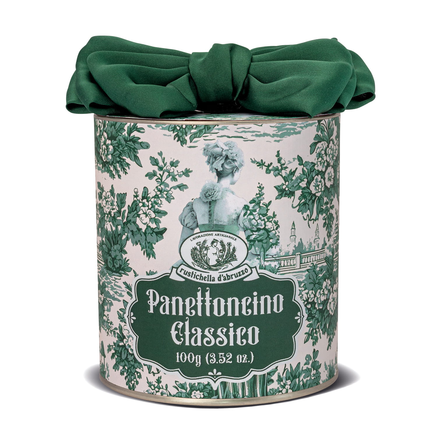 Eine 100g-Dose Panettoncino Limited Edition - Kleiner Kuchen von Rustichella von Rustichella d'Abruzzo S.p.A. mit grünem Blumenmuster und grünem Stoffüberzug.