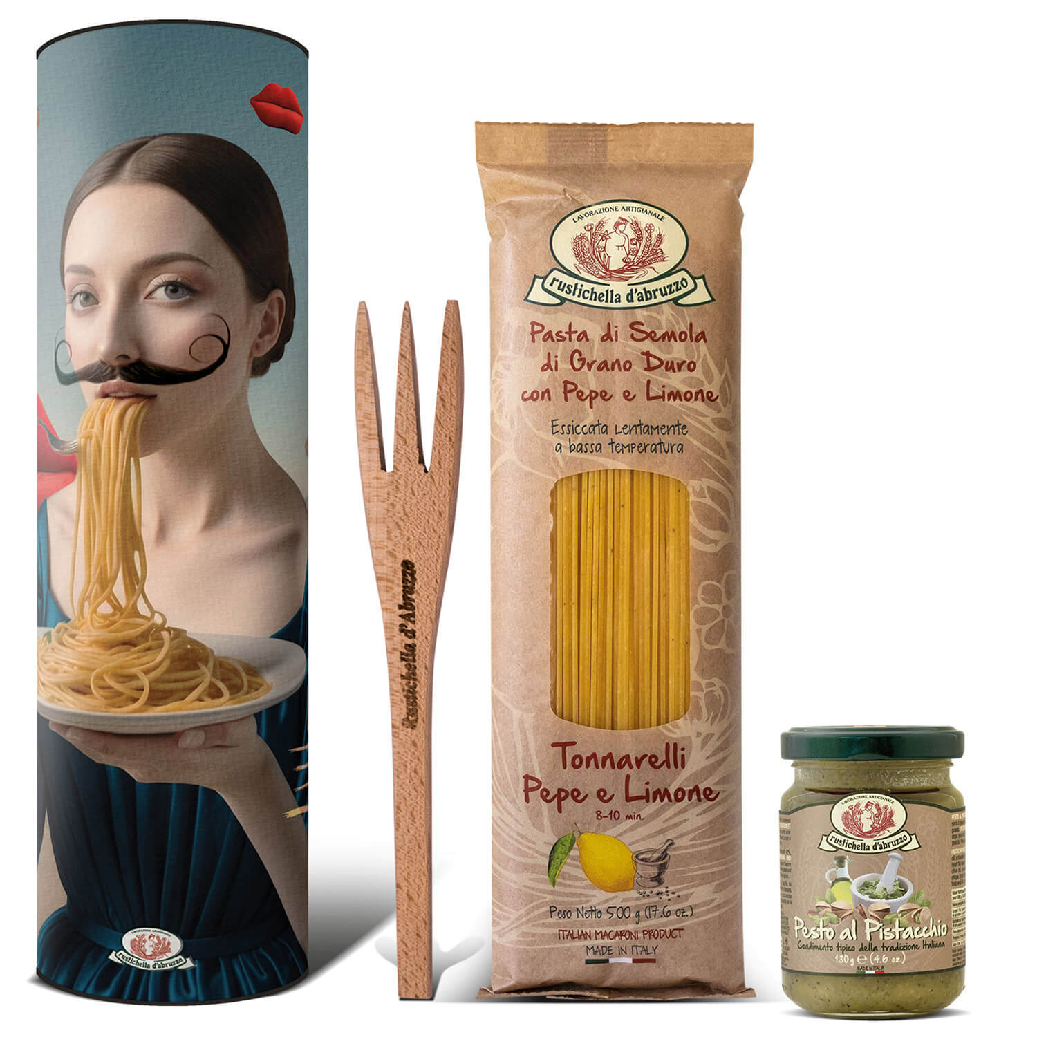 Das Rustichella d'Abruzzo Pasta Set Dali enthält Spaghetti, eine Holzgabel und Pistazienpesto in einer dekorativen Dose, die eine Frau beim Nudelessen zeigt - perfekt für den Weltnudeltag.