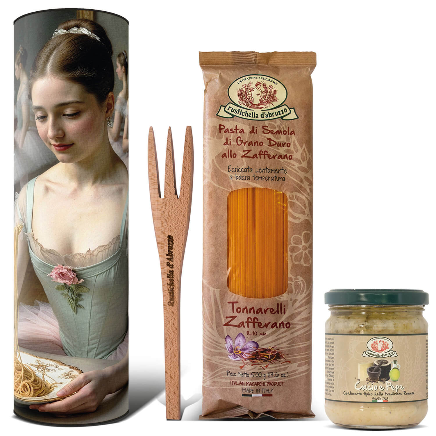 Rustichella d'Abruzzo Pasta Set Degas: Dose mit Ballettmotiv, 500 g Pasta, Holzgabel und 180 g Cacio e Pepe-Sauce - das perfekte Geschenk zum Weltnudeltag.