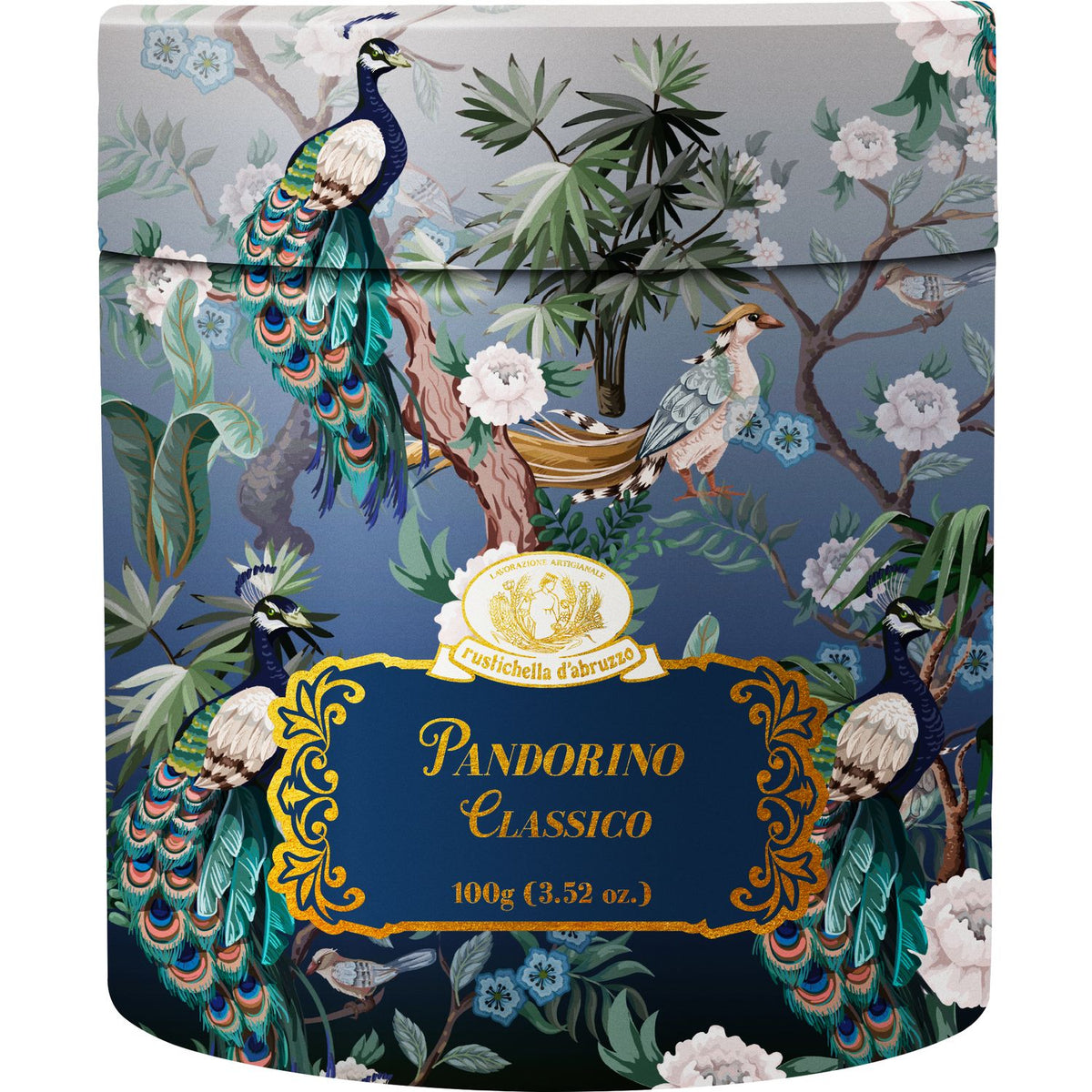 Eine dekorative Dose mit der Aufschrift "Pandorino Classico" von Rustichella d'Abruzzo S.p.A., mit blauen paradiesischem Motiv.