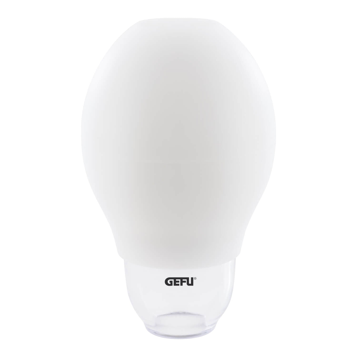Der GEFU Eidottertrenner Blobby von Gefu ist ein weißes Küchenwerkzeug aus Silikon mit einer abgerundeten Oberseite und einem klaren Boden, auf dessen Unterseite das GEFU-Logo zu sehen ist.