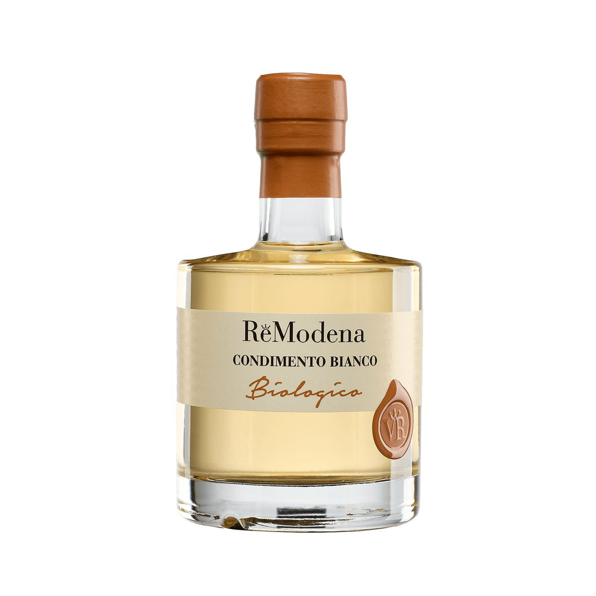 Eine 250-ml-Flasche Remodena Weißer Balsamico aus Modena IGP Bio mit orangefarbenem Verschluss und Etikett.