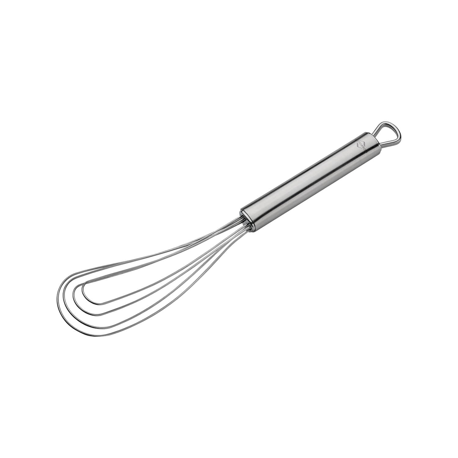 Der Küchenprofi Tellerbesen Parma ist ein 25 cm langer Schneebesen aus rostfreiem Stahl mit einem Metallgriff und einer Aufhängeschlaufe.