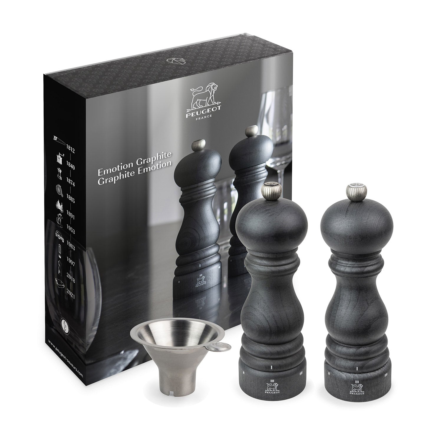 Peugeot Graphite Emotion! Geschenkbox Paris u Select Pfeffer- & Salzmühle inkl. Edelstahltrichter, 18 cm