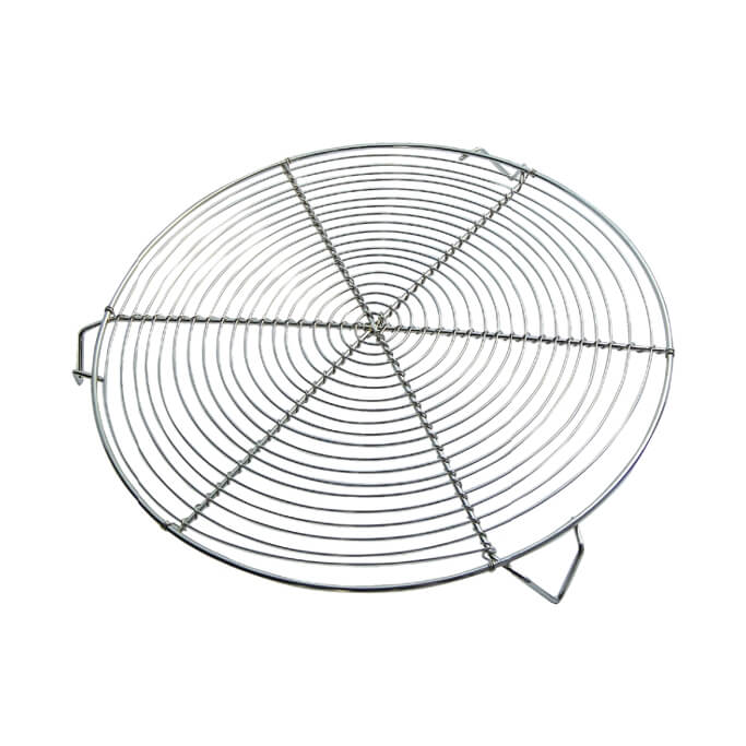 Das De Buyer Edelstahl-Rost rund mit 3 Füßen (32 cm) ist ein rundes Kühlregal aus Metall mit konzentrischen Kreisen und drei klappbaren Beinen, abgebildet auf einem weißen Hintergrund. Marke: De Buyer.