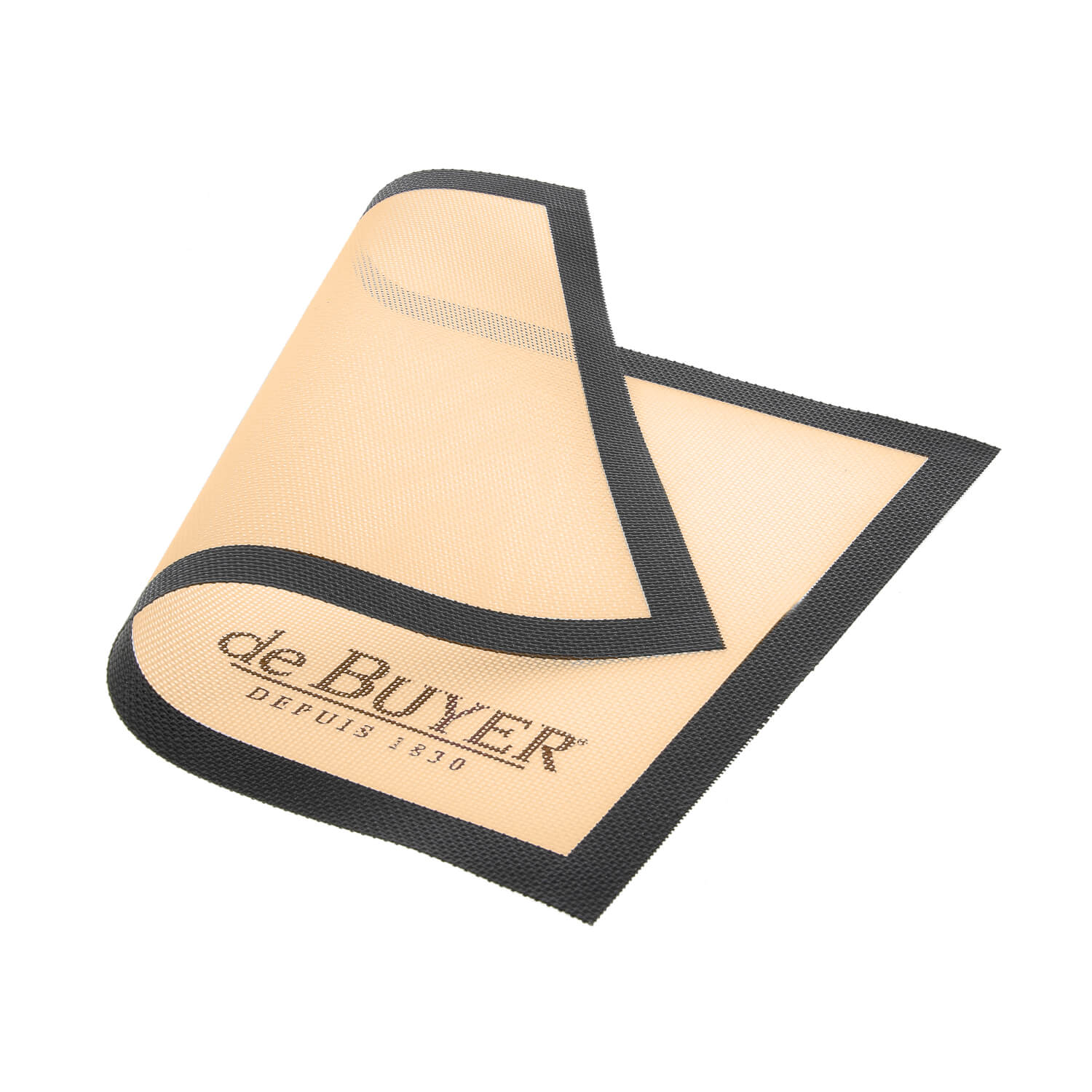 Eine flexible beigefarbene De Buyer Backmatte aus Silikon, 40 x 30 cm, perforiert mit schwarzem Rand und dem Aufdruck "DE BUYER DEPUIS 1830".