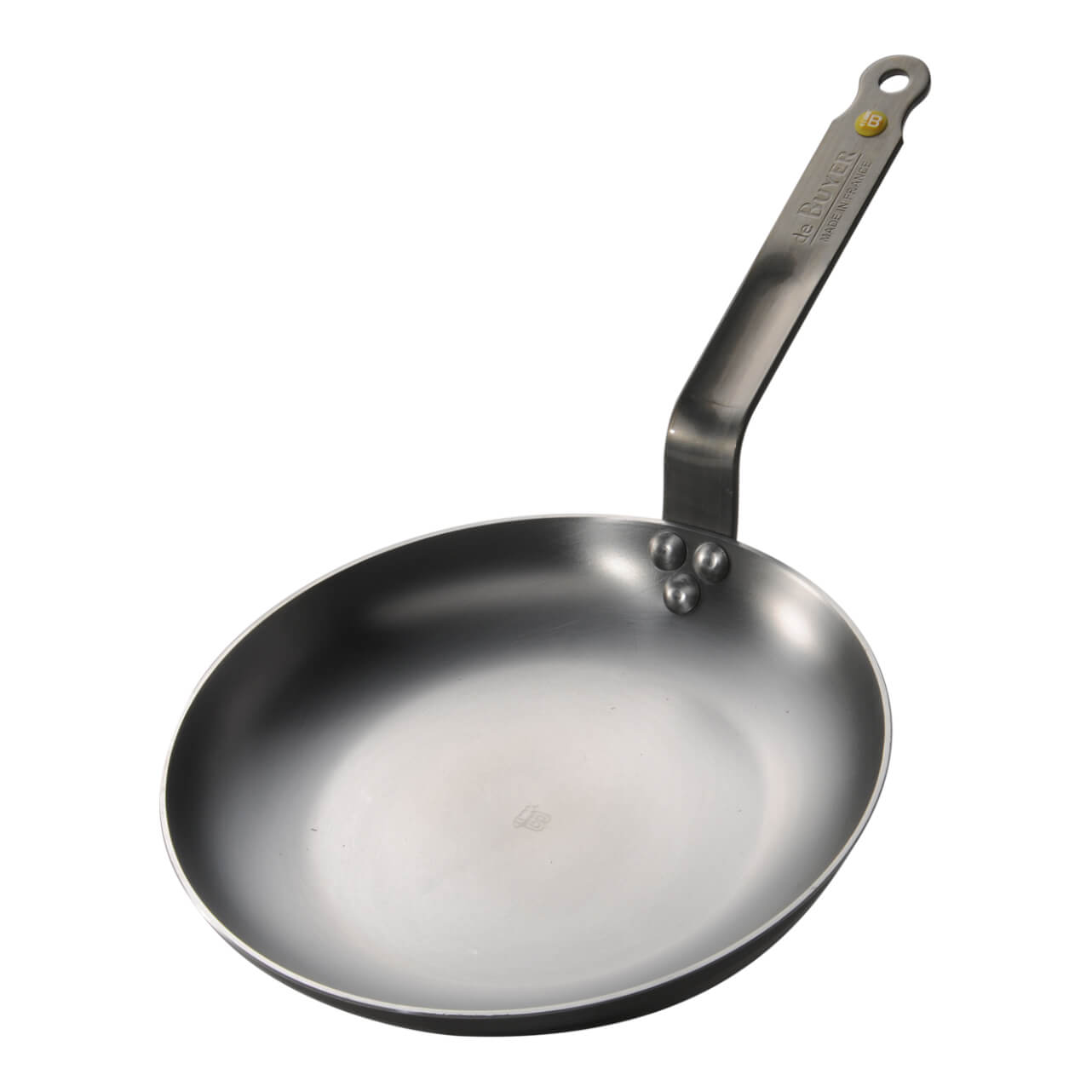 Die De Buyer Omelettepfanne Mineral B Element ist eine 24 cm große Eisenpfanne mit langem Stiel, abgebildet auf weißem Hintergrund.