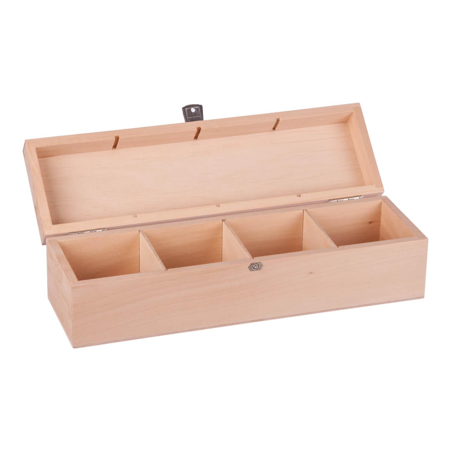 Die Rimoco Individuelle Geschenkbox zum Befüllen von Rimoco Gewürzen ist eine Holzbox mit vier Fächern und einem offenen Scharnierdeckel auf weißem Hintergrund.