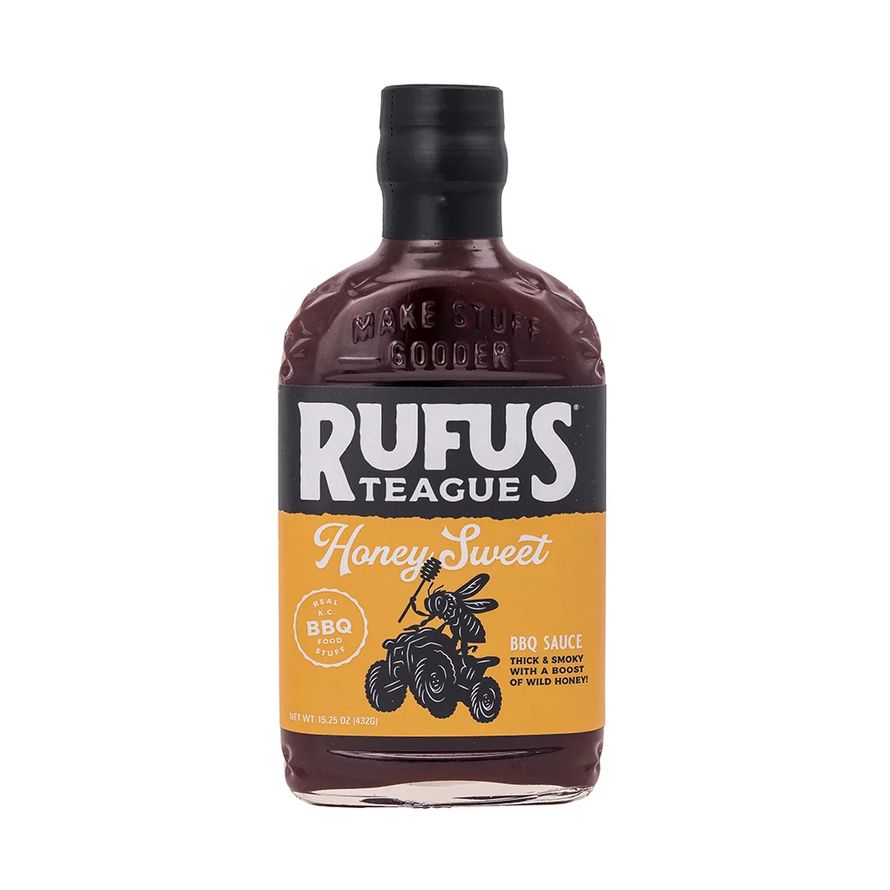 Honey Sweet Sauce von Rufus Teague (432 g) Flasche mit schwarz-gelbem Etikett der Marke Rufus Teague, abgebildet auf weißem Hintergrund.