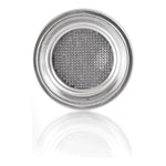 Draufsicht auf den La Piccola Siebeinsatz Nr. 1 Standardsieb, einen runden Espressomaschinen-Filterkorb aus Metall mit kleinen Löchern, gespiegelt auf einer weißen Fläche.