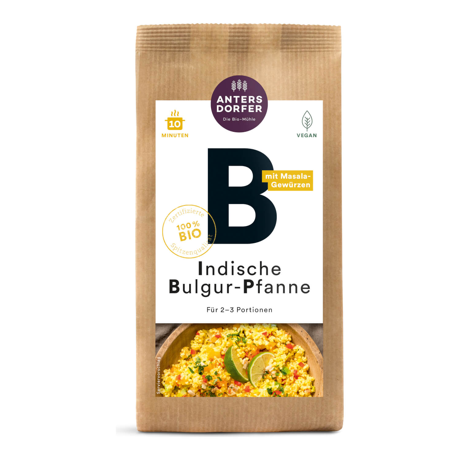 Eine braune Packung Bio Indische Bulgur-Pfanne von Antersdorfer Mühle (150 g) mit einer Abbildung von gekochtem Bulgur auf der Vorderseite.