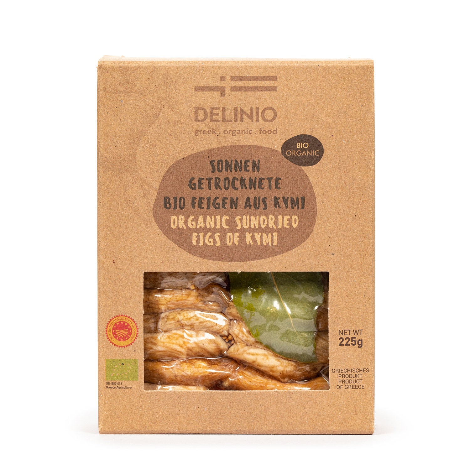 DELINIO Feigen sonnengetrocknet Bio aus Griechenland, 225g, in umweltfreundlicher brauner Verpackung.