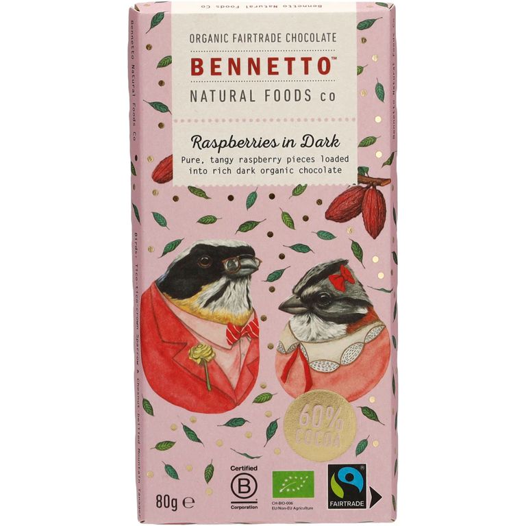 Bennetto Zartbitterschokolade mit Himbeerstücken Bio & vegan, 80 g