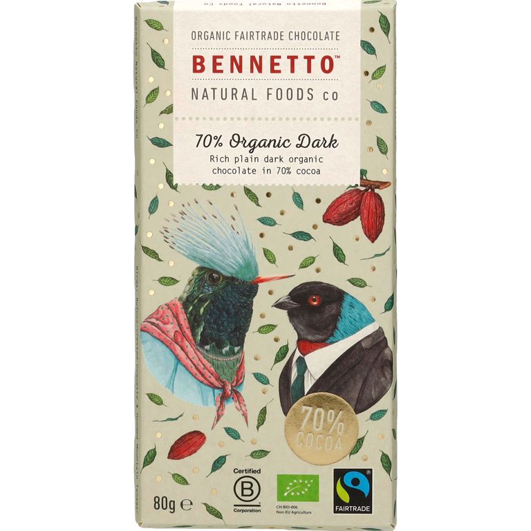 Bennetto Zartbitterschokolade mit 70% Kakaogehalt Bio & vegan, 80 g