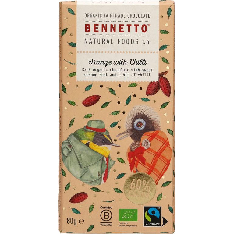 Bennetto Zartbitterschokolade mit Orange & Chili Bio & vegan, 80 g