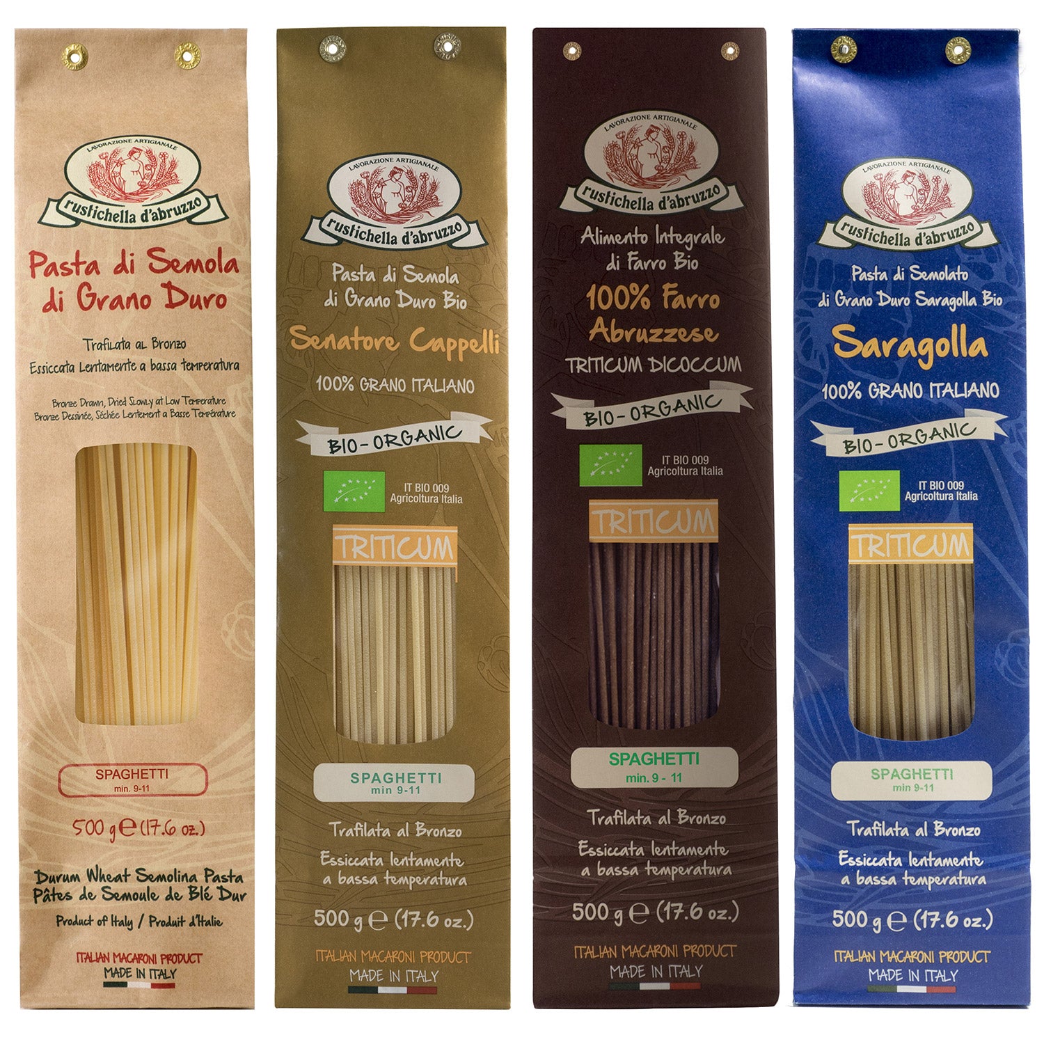 Das 4er Rustichella Spaghetti Probierpaket von Rustichella d'Abruzzo S.p.A. enthält vier Packungen sortierte italienische Bio-Spaghetti in verschiedenen Sorten und Farben.