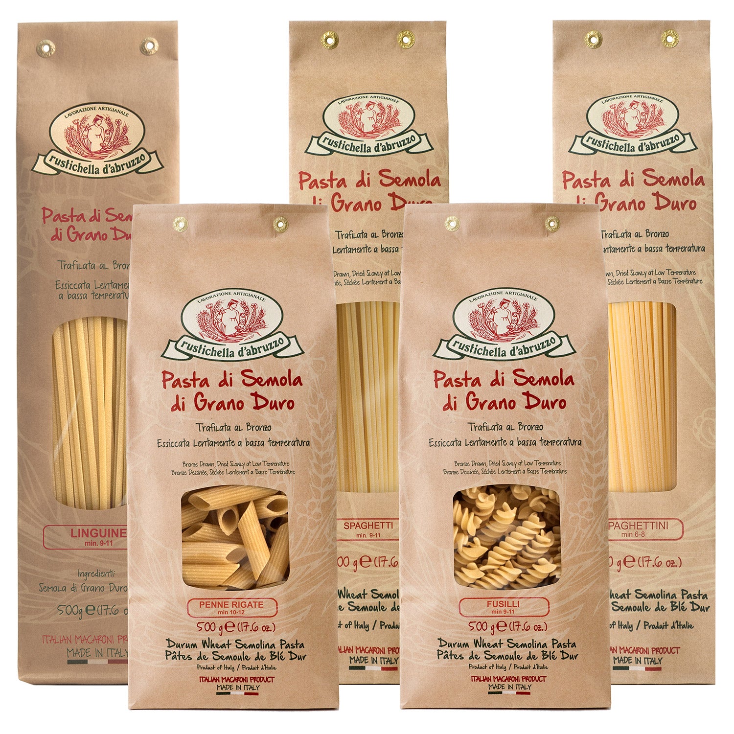 Fünf Beutel Rustichella d'Abruzzo S.p.A. 5er Hartweizen Pasta Probierpaket in verschiedenen Formen, jeweils in italienischer Sprache beschriftet.