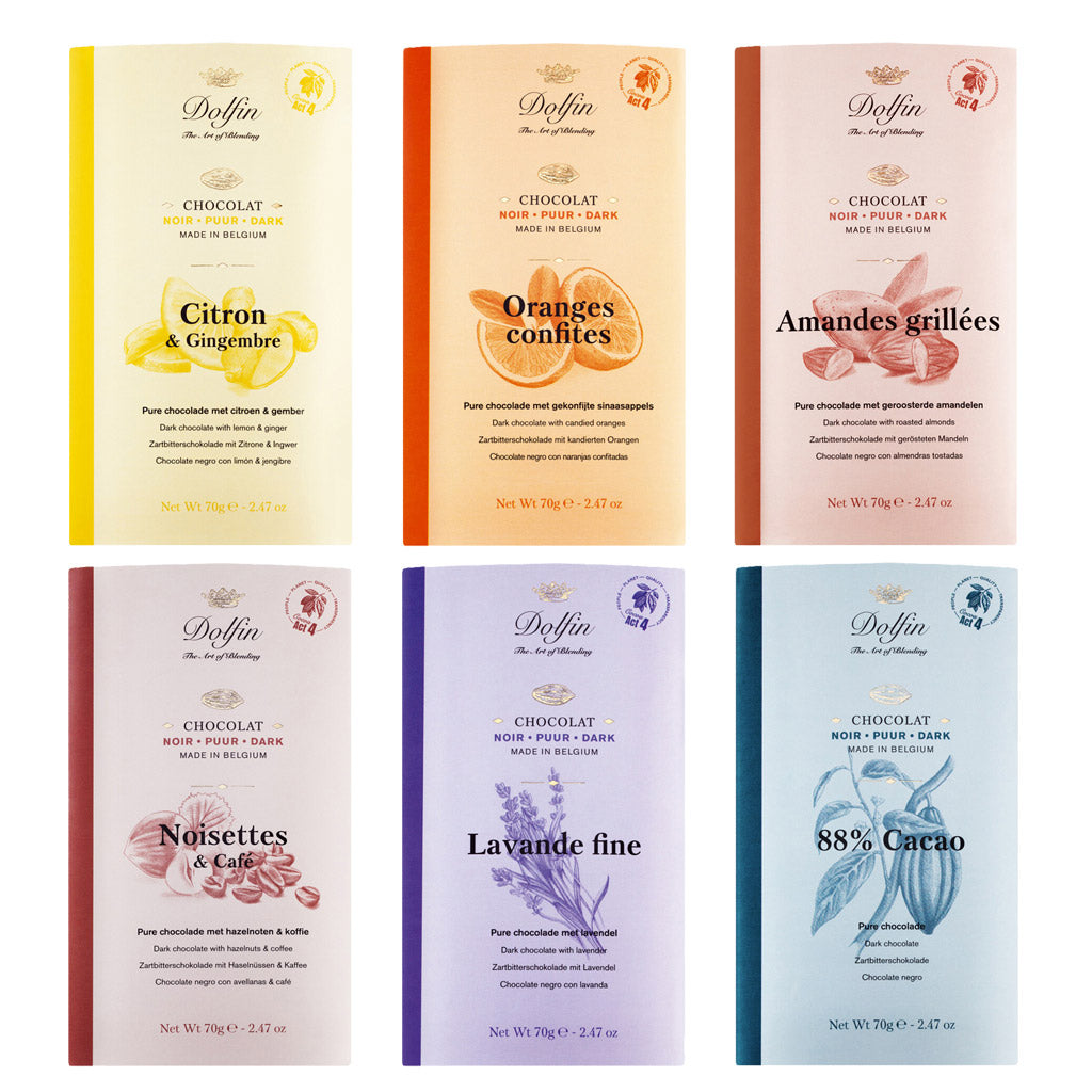 6er Zartbitter Tafelschokoladen Probierpaket von Dolfin, 6 x 70 g